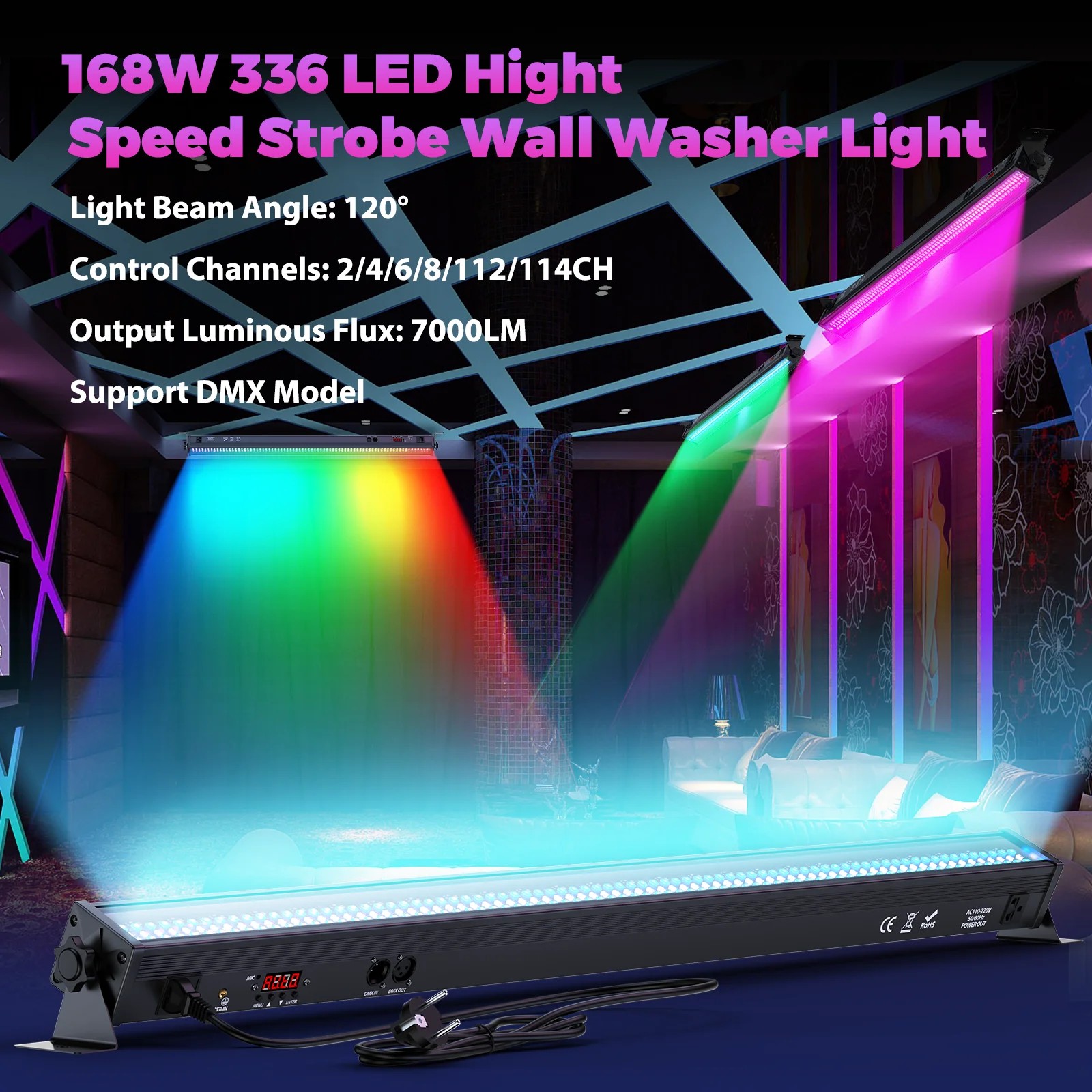 LeLeght 2Pcs 168W 336PCS 5050 SMD RGB 24PCS LEDs Wall Washer Light Stage Effect Lighting DMX512 Sound Mode for Pub Concert Party