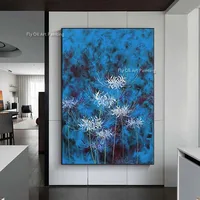 Hand Painted Abstract Blue Floral Oil Painting Textured Spider Lily Canvas Wall Art Unique Vertical Picture for Bedroom Decor 2