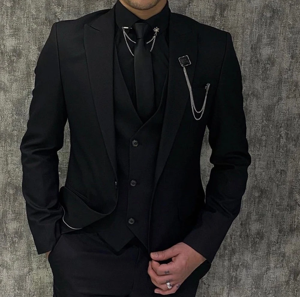 Black Luxury Men's Suits Elegant Slim Fit Male Blazer Peak Lapel Latest Three-Piece (Jacket+Pants+Vest) Terno Masculino Completo 3