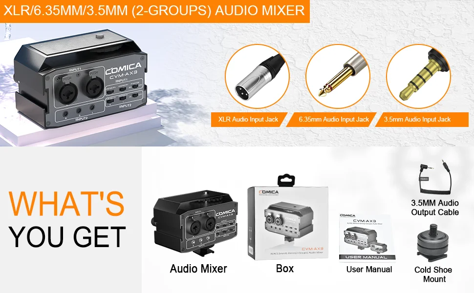 XLR Audio Mixer, COMICA CVM-AX3 Dual XLR/6.35mm/3.5mm Video Audio Mixer, Camera