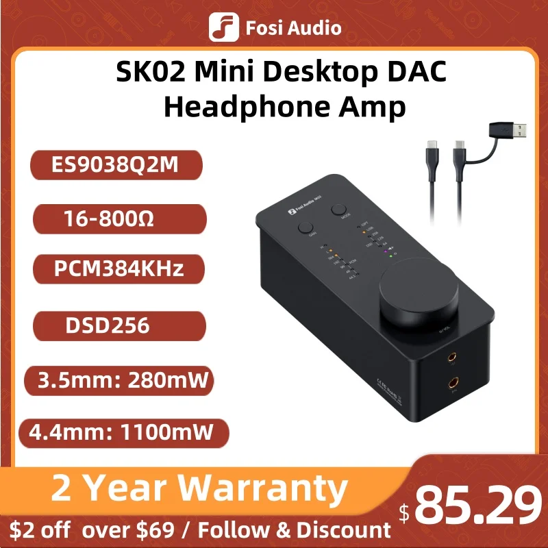 Усилитель для наушников Fosi Audio SK02 DAC предусилитель поддержка DSD 256 PCM для сбалансированных наушников 3,5 мм и 4,4 мм