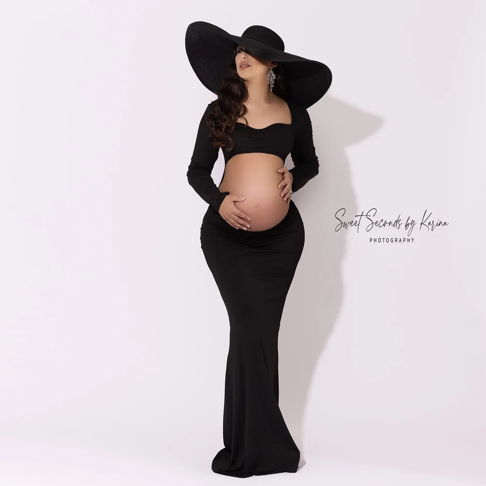 Maternity Photography Posing Prop Wide Sexy Black Retro Hat Elegant Beach Hat Headwear Accessorie Long Black Velvet Sleeve Cover