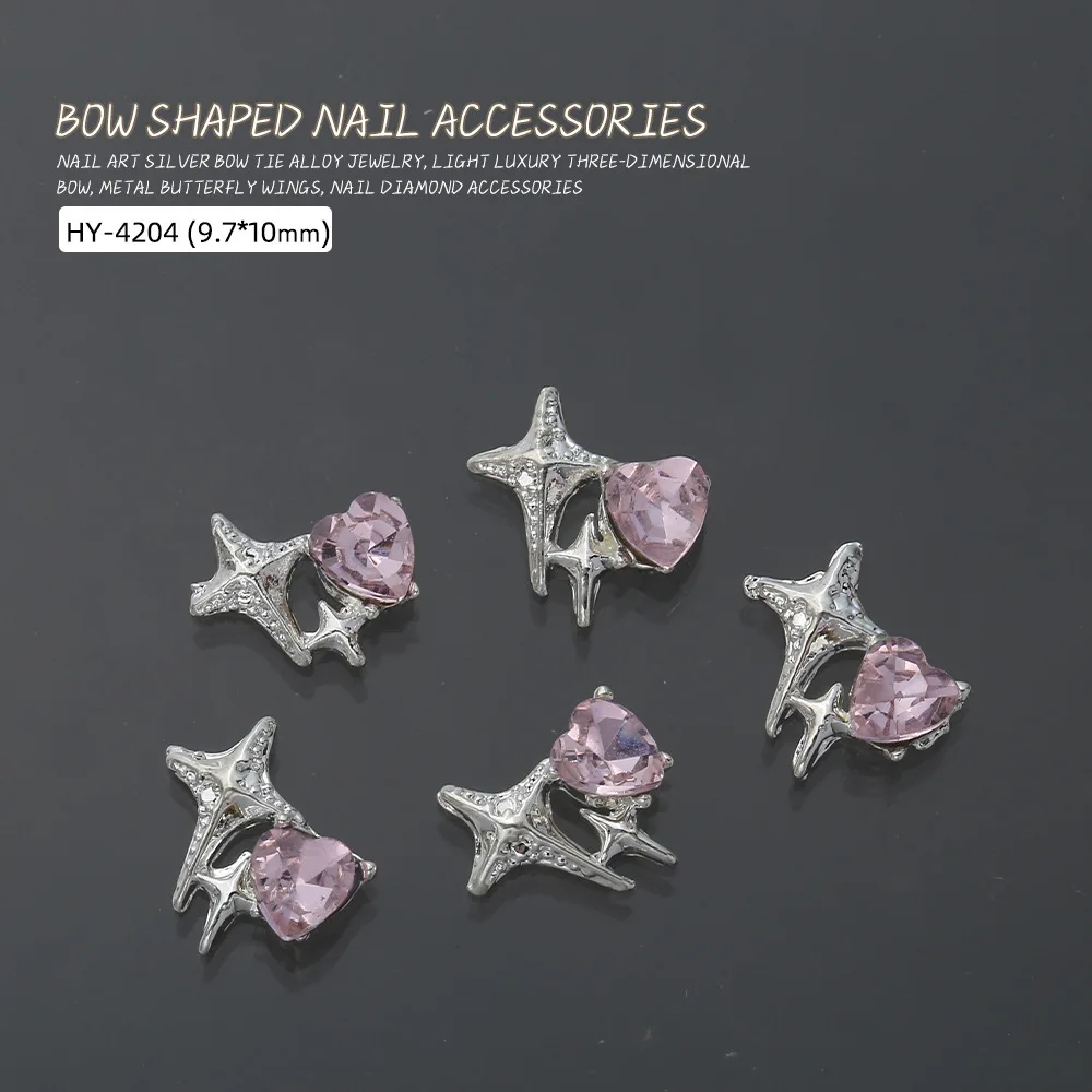 10Pcs Luxury Heart Nail Charms 3D Alloy Sparkling Pink Diamond Bow Star Ballet Girl Nail Art Decorations Rhinestones Gem DIY