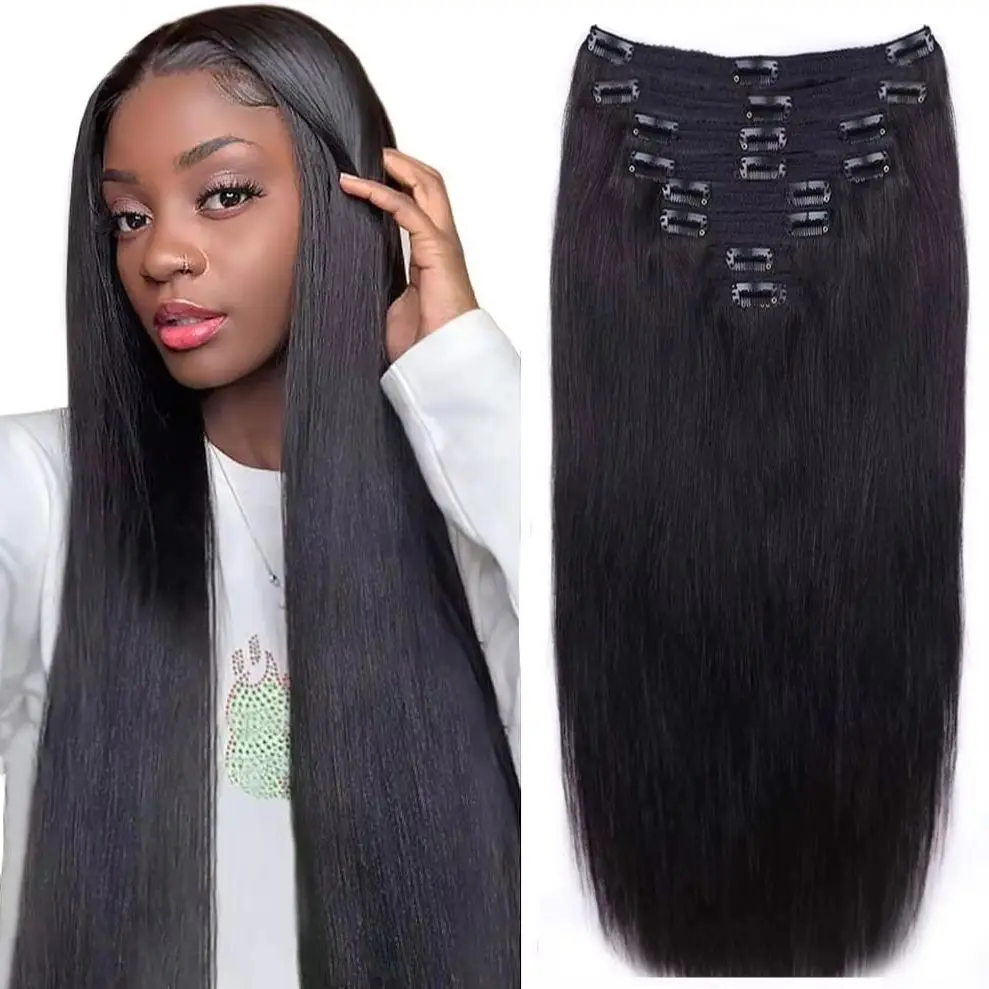 Straight Human Hair Clip in Hair Extensions for Black Women 100% Unprocessed Full Head Brazilian Virgin Natural Black