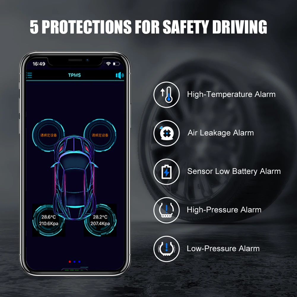 Tire Pressure Monitoring System 4Pcs Bluetooth TPMS External Sensors Real-time Pressure and Temperature Sensor for Android/iOS