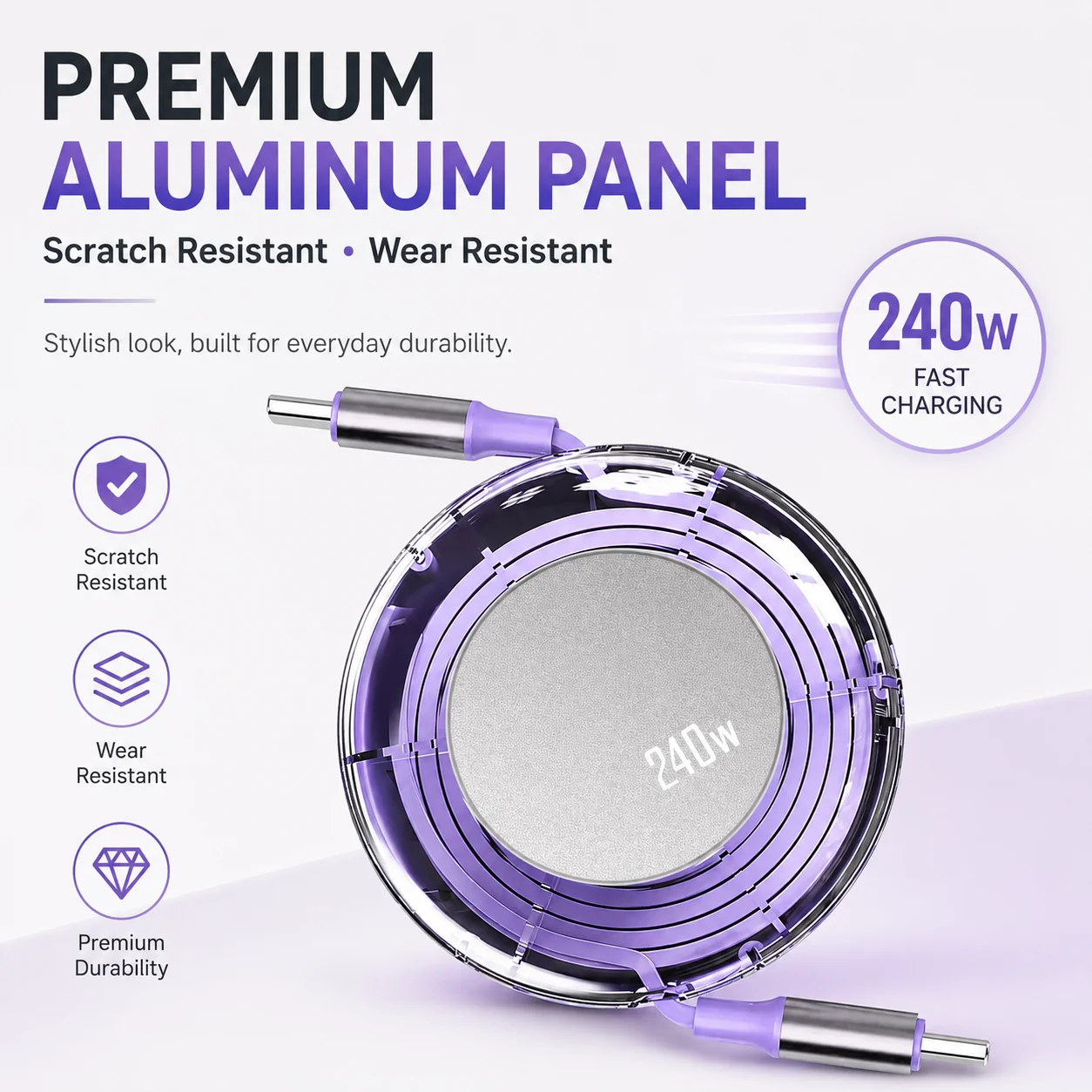 Premium High-Speed Retractable USB-C Charging Cable, 240W Power with Fast Charge and Data Transfer Capabilities