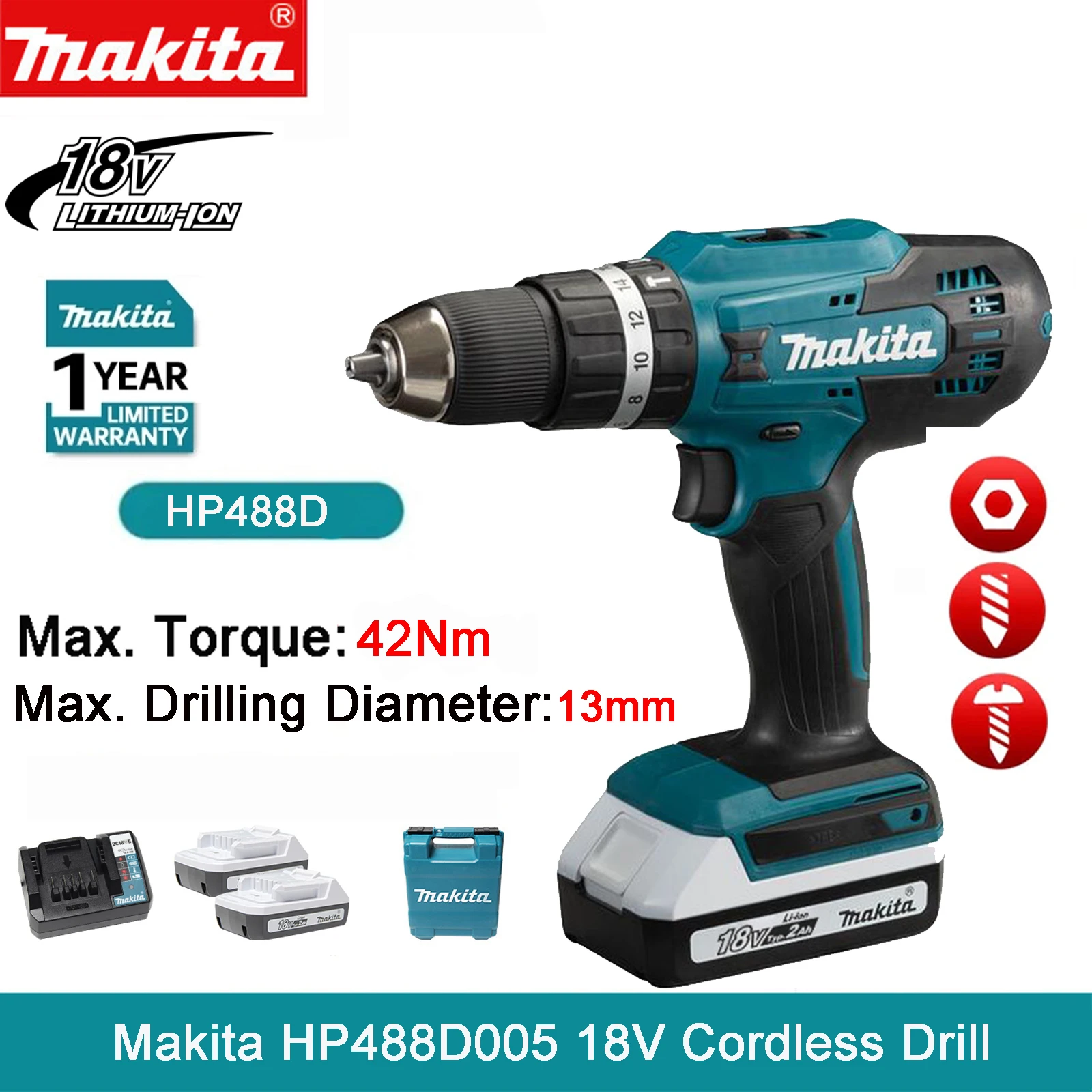 Makita HP488D 18V Cordless Impact Drill Driver 2 Speed 3 IN1 Electric  Screwdriver Hammer Power Driver with Lithium-Ion Battery