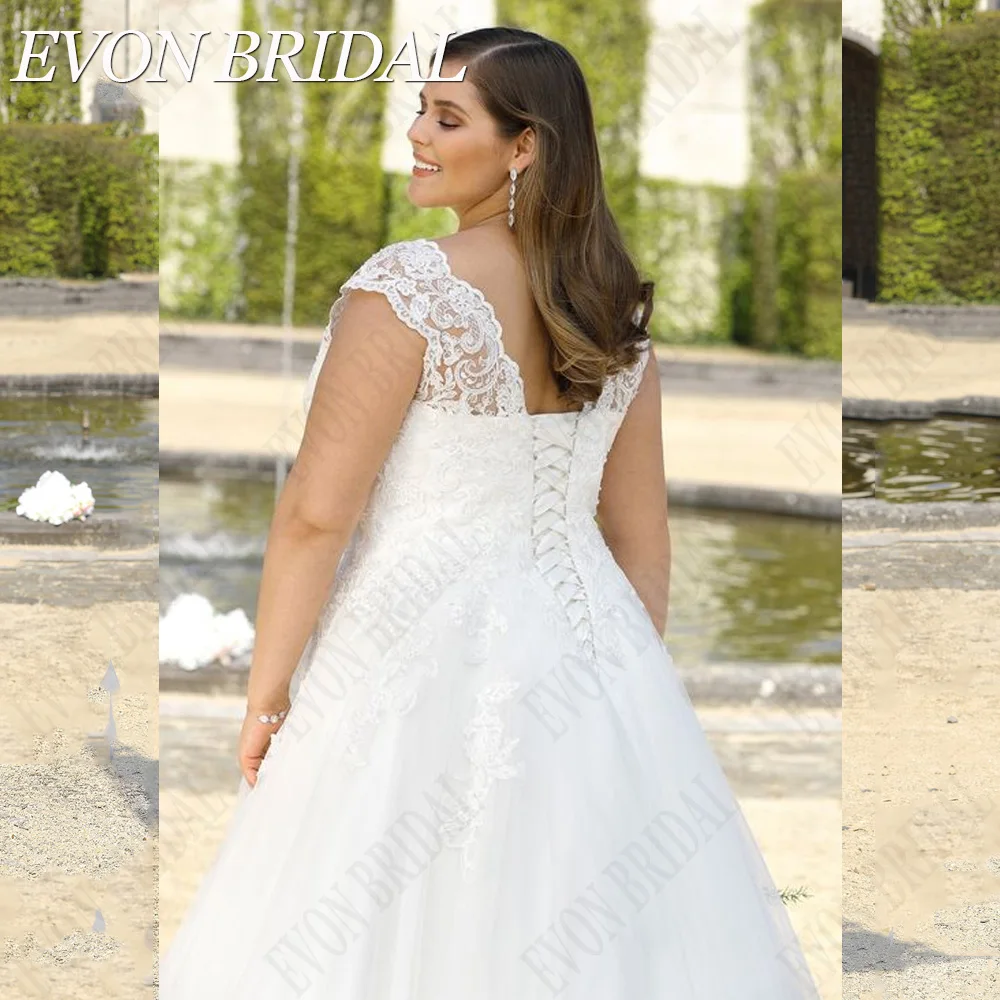 EVON BRIDAL Plus Size Lace Up Wedding Dresses Cap Sleeves Double V-Neck Tulle A-Line Bride Gowns Applique