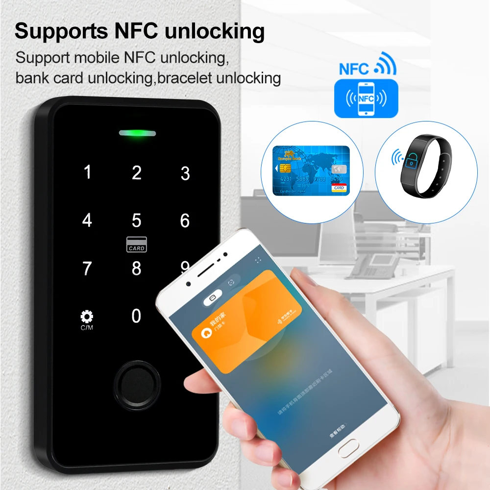 NFC 블루투스 Tuya 앱 액세스 제어 키패드, 방수 RFID 키보드, 생체 지문 터치 백라이트 문짝 오프너, 13.56MHz