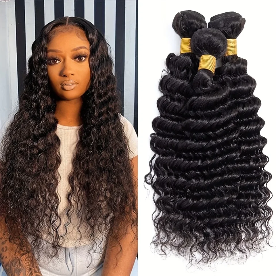 1/3/4 Bundles 12A Deep Wave Hair 100% Human Hair Bundles Unprocessed Human Hair Extensions Deep Wave Bundles Natural Black Women