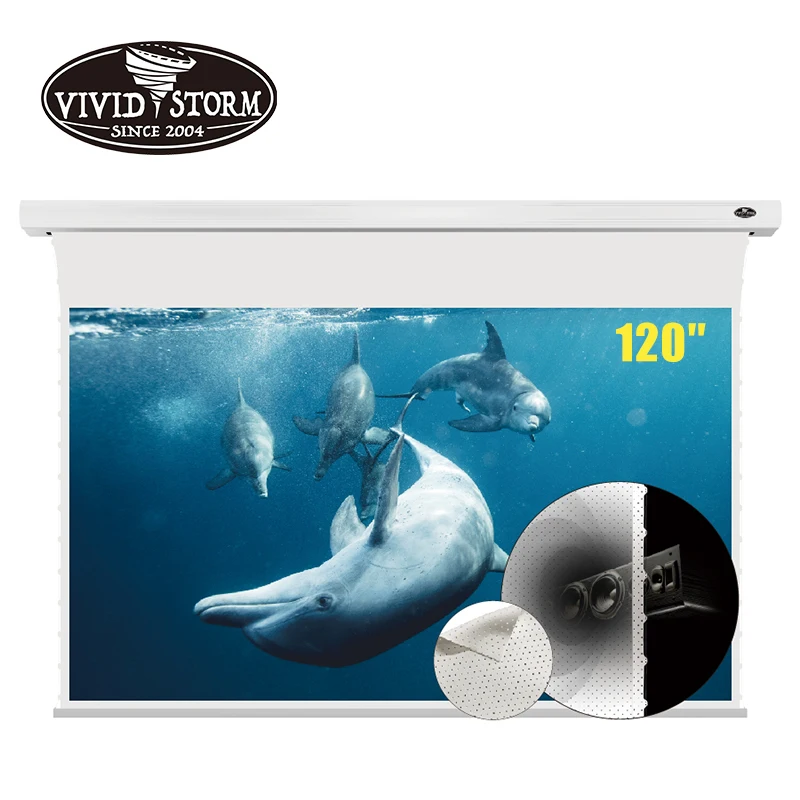 Vividstorm 120 Pollici White Cinema Perforato Slimline Motorizzato Tensione Drop Down Schermo Del Proiettore Per Home Movie Theater