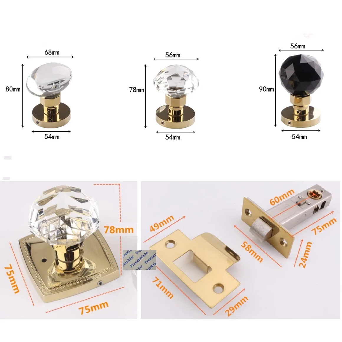 Keyless Privacy Door Lock Push Pin Clear Crystal Ball Egg Shaped Knob Chrome Gold Square Round Rossette