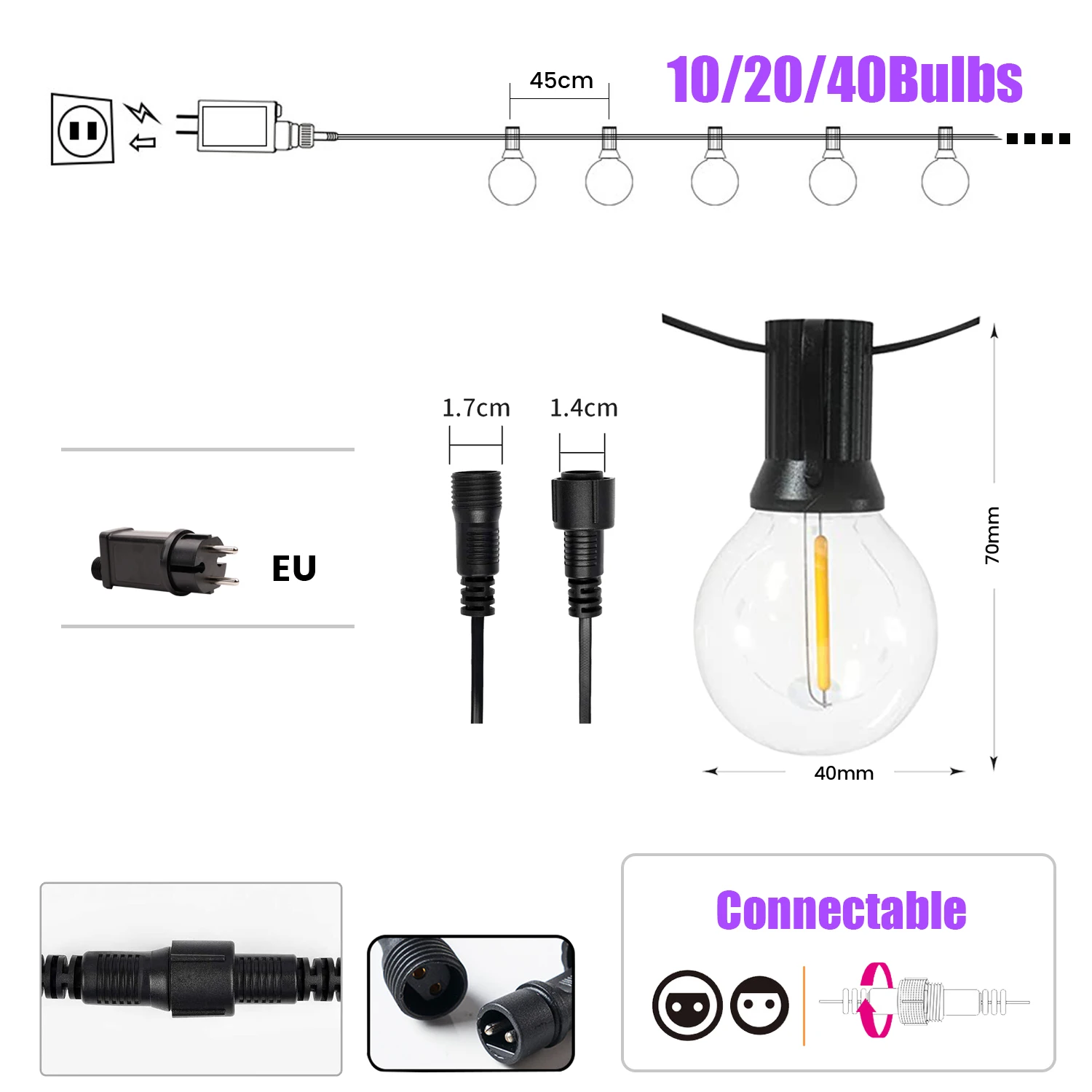 스트링 조명 정원 G40 글로브 전구, 웨딩 장식, 연결 가능한 야외 스트링 조명, 요정 램프, LED 크리스마스 플라스틱 전구