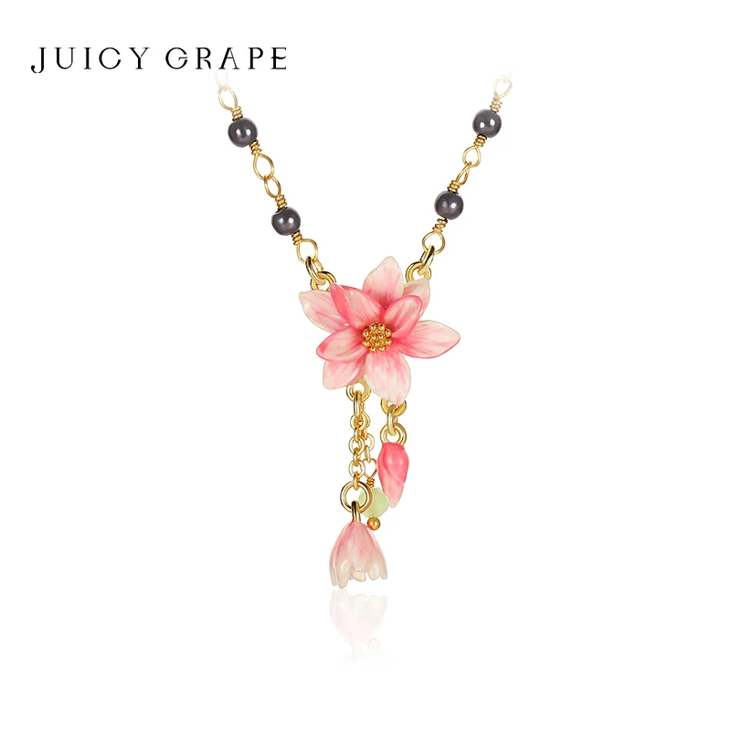 

JUICY GRAPE Pink Magnolia Flower Pearl Necklace 18K Gold Plated Jewelry Pendant Necklaces Female Light Luxury Collarbone Chain