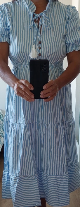 Women's Elegant Striped Lantern Sleeve Midi Dress photo review