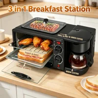 Station de petit-déjeuner 3-en-1 : Four électrique 9L, Cafetière 600ml, Poêle à frire multifonctionnelle avec commandes séparées pour cuisine domestique 1