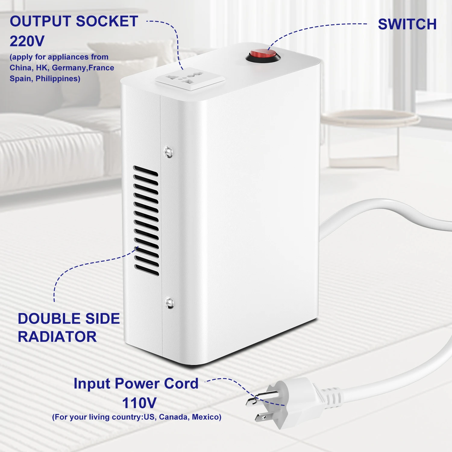 만동 220V에서 110V로 변환하는 전압 변환기, 1000W 고출력 부스트/벅 변환기, 영국 및 유럽 표준 소켓 포함.