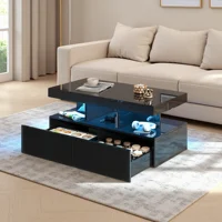 Superaly, Table basse avec lumières LED à changement de couleur, Table de loisirs multifonctionnelle pour appartements et maisons d'hôtes, Table basse de salon, Table basse de rangement avec deux tiroirs, Table basse de style panneau, Console de rangement, Table d'appoint, Noir 6