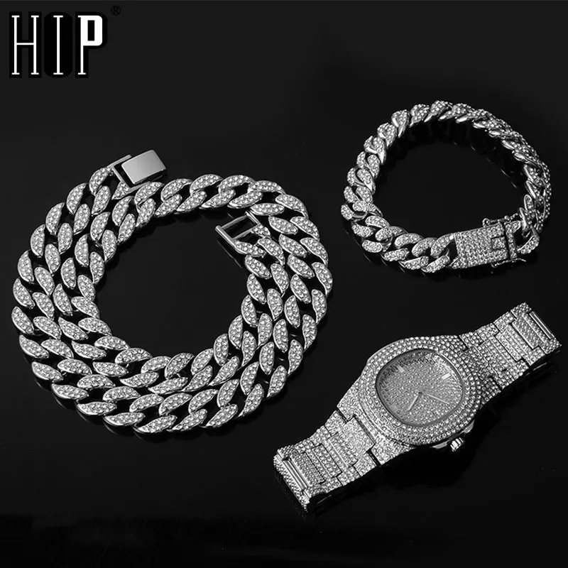 Řetízek +watch+bracelet boky chmel miami obrubník kubánec běžící pás zlato barva iced vyndat paved kamínky CZ bling raper pro muži šperků