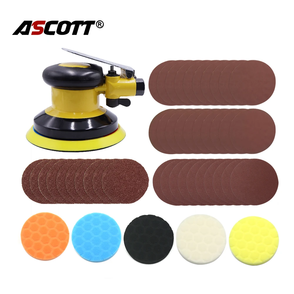 5inch Pneumatic Random Orbital Sander Professional Air Polishing Tool with Sanderpaper, Sponge Polishing Pads for Wood,Metal