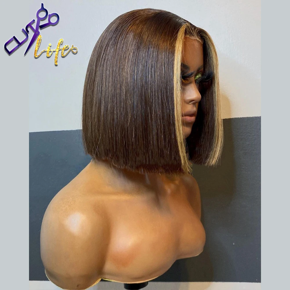 Short Bob Blunt Wig 13x4 Lace Front Wig Brazilian Human Hair 13x6 Lace Frontal Highlight Brown 4x4 Closure