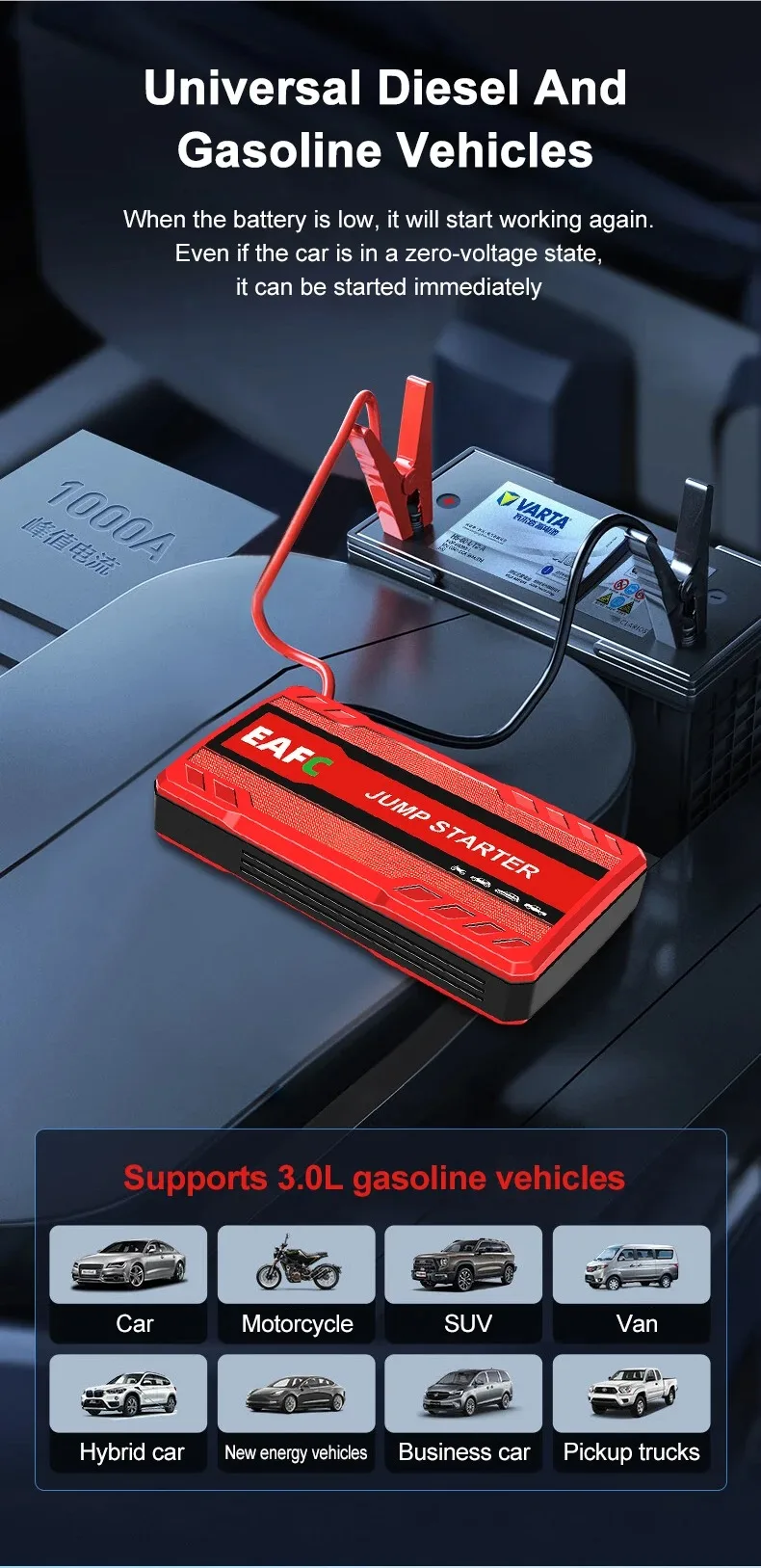 EAFC 12V Auto Starthilfe 2000A/1200A/600A Auto Batterie Booster Tragbare Power Bank Auto Booster Booster Start Ausrüstung für Öl Diesel – Detail 14