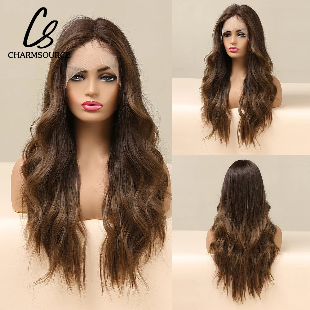 

CharmSource Long Natural Wavy Front Lace Wigs Brown Ombre Synthetic Wigs for White Black Women Daily Party Wedding Hair