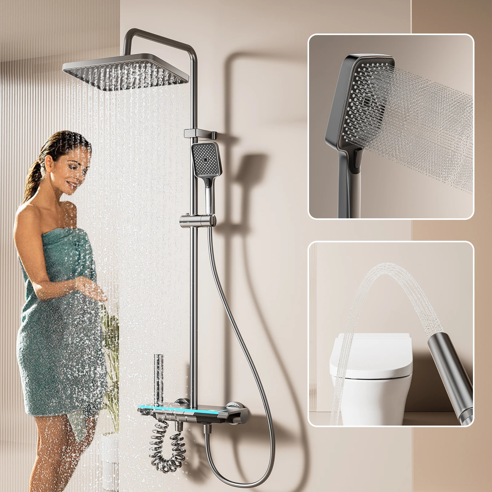 Badezimmer-Duschsystem, hochwertiges Badezimmer-Klaviertasten-LED-Digitalanzeige mit vierten Gängen, Regenbadewanne, Kupfer-Wasserhahn-Duschset – Detail 15