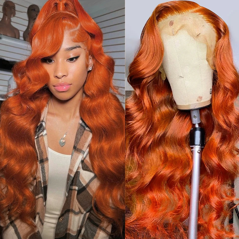 

13x4 Body Wave Orange Ginger Glueless Lace Front Human Hair Wigs 30 Inch 13x6 Hd Pre Plucked Colored Lace Frontal Wig For Women