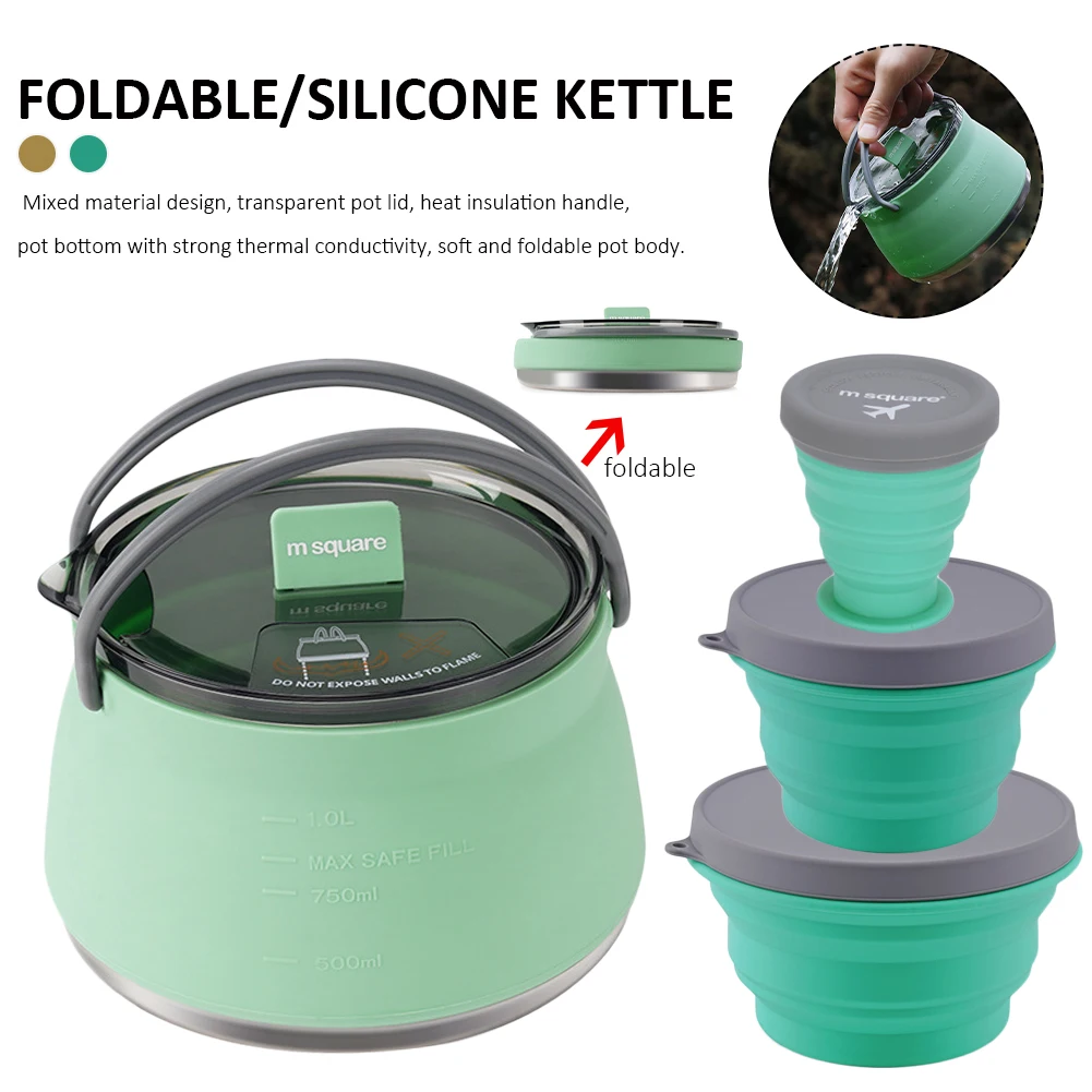 Silicone Folding Kettle Portable Camping Boiling Water Pot with Handle Tea Coffee Cooker for Camping Travel 1000ML New 1pc