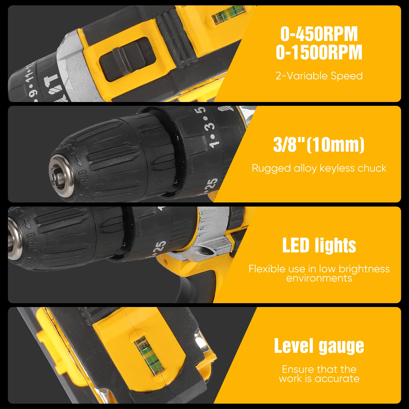 21 V Akku-Bohrschrauber-Set, 1800 U/min Geschwindigkeit, 3/8 Zoll Spannfutter mit 23 Zubehörteilen, Kunststoff-Werkzeugkasten, Heim-DIY-Bohrschrauber – Detail 3