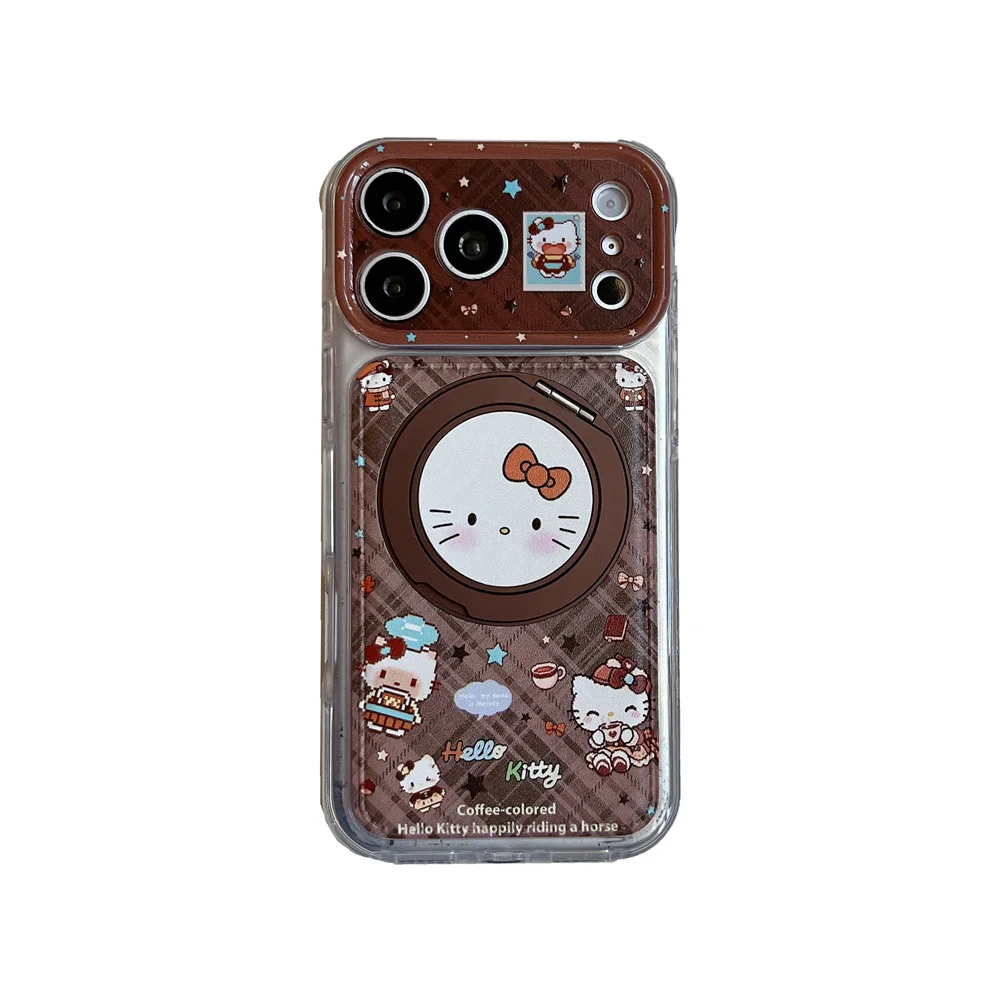 Kawaii Cartoon Kitten Plaid Leather Phone Case with MagSafe Holder - Cute Shockproof Cover