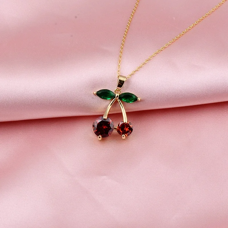 Cherry Pendant Necklace With Red Zircon And Elegant Korean Style_voghion.com