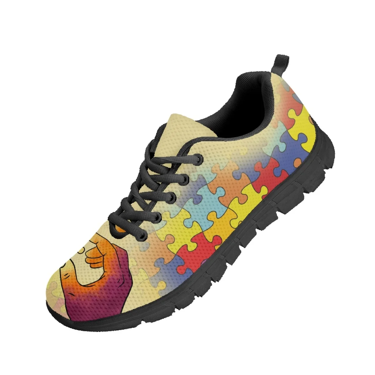 Lightweight Lace up Running Shoes for Women Autism Awareness Puzzle Pattern Mesh Sneakers Ladies Wear Resistant Tennis Footwear