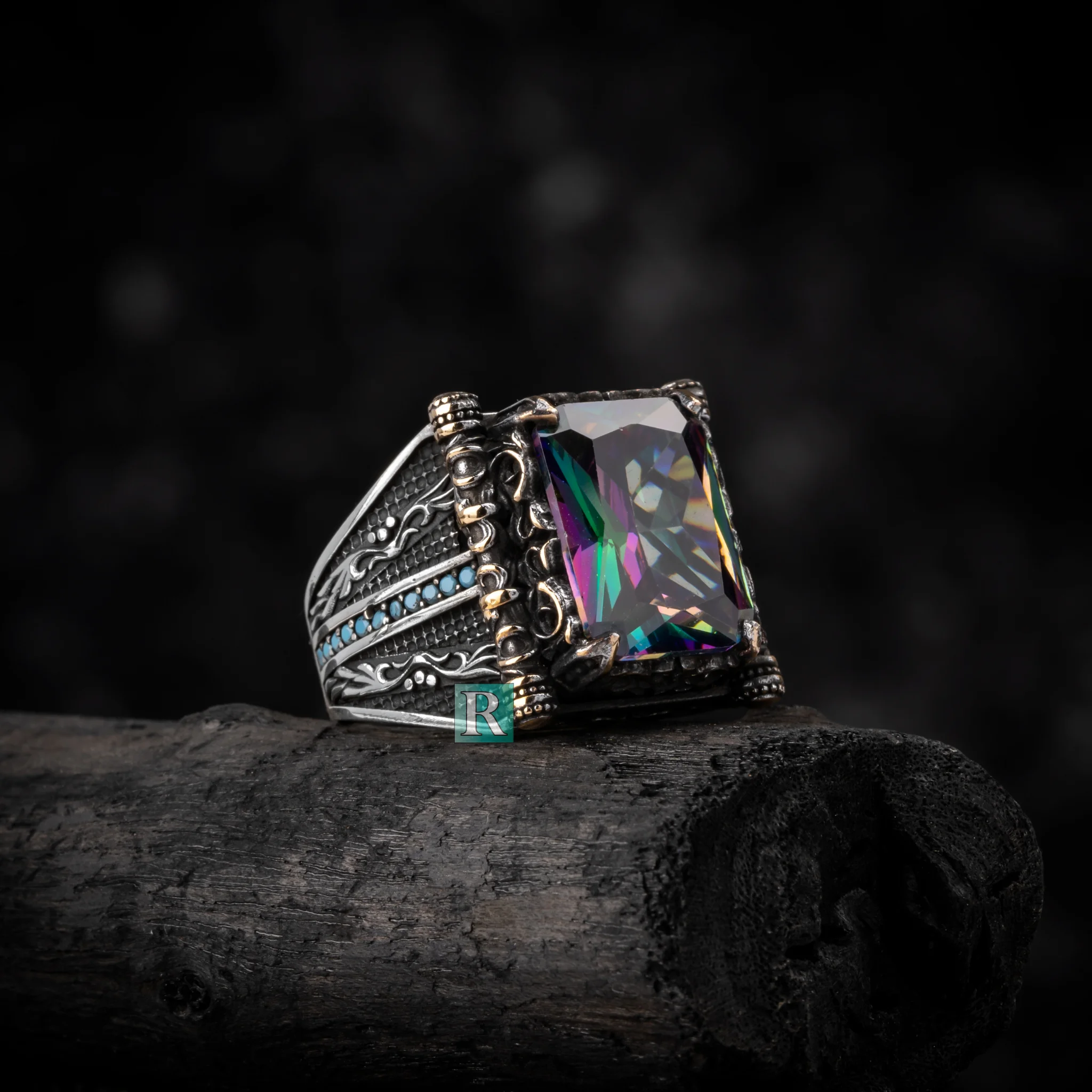 

Mistic Topaz Ring 925 пробы Серебряное для мужчин Оригинальное ювелирное изделие ручной работы с боковым камнем бирюзовые высококачественные Подарочные Кольца