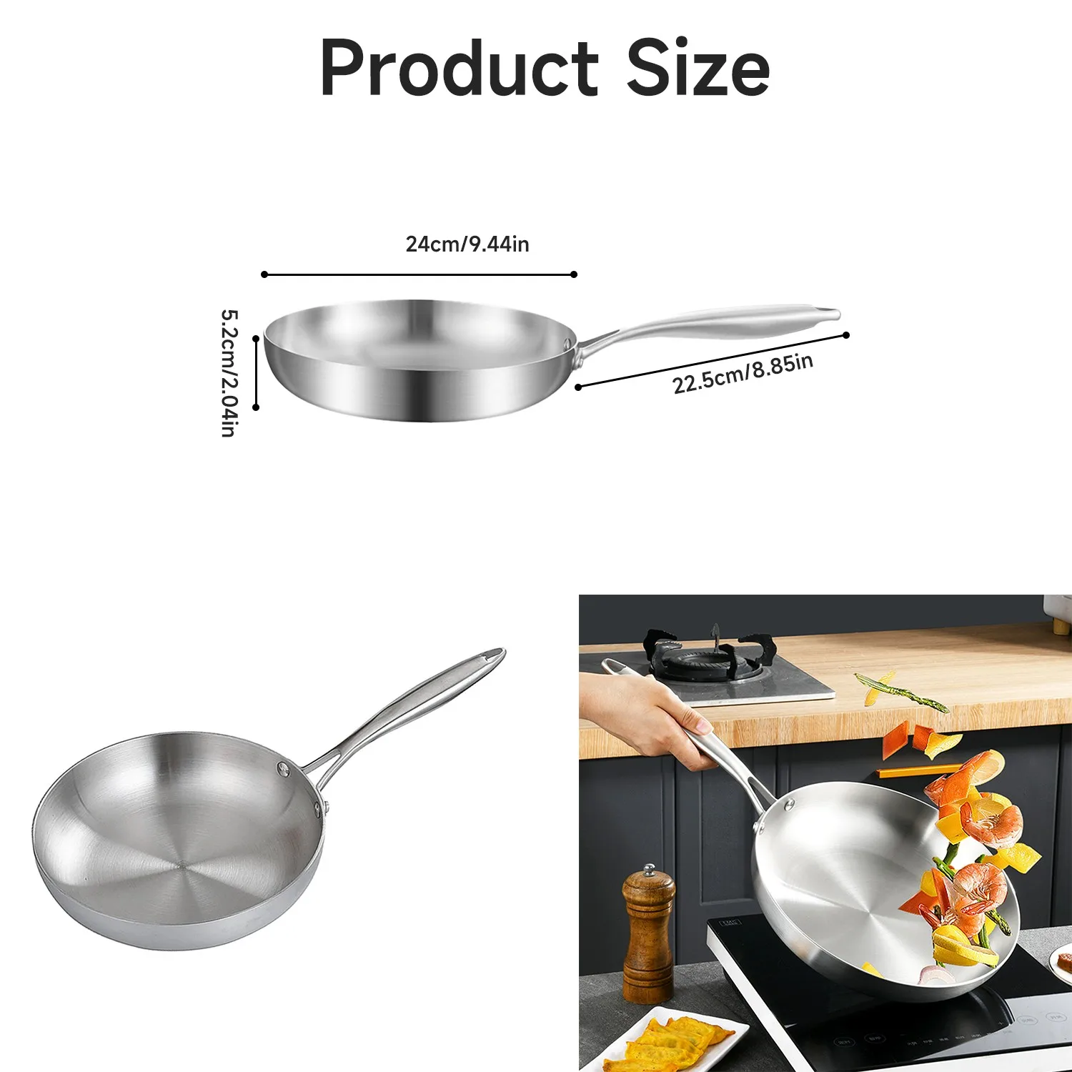 Stainless steel frying pan viewed from above