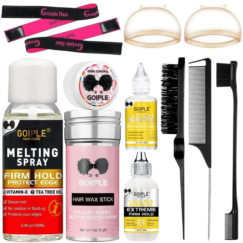 Melting Spray Wig Installation Kit Glue Wax Stick Edge Control for Finishing Hair Wig Cap Elastic Band Hairbrush Remover 12 PCS
