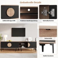 Подставка под телевизор 180 см для 80-дюймового телевизора, низкой панели с 2 шкафами и открытыми полками. Современная медиаконсоль из дерева и черного цвета для гостиной. — изображение 2