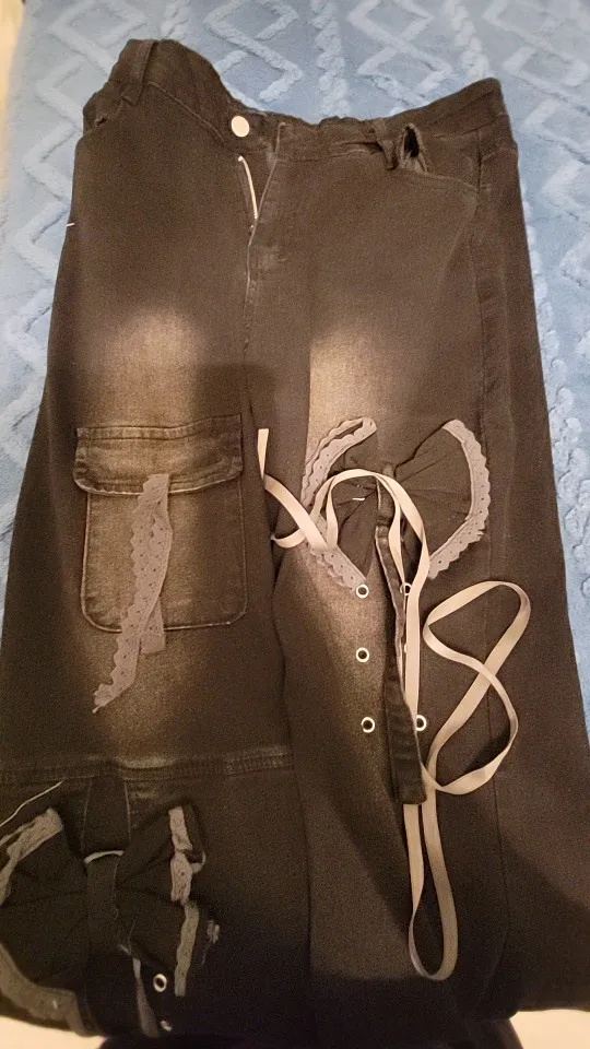 Women's Low Rise Flare Jeans Bow Lace Up Japanese Designer Denim Pants Shoujo Y2k American Retro Bell Bottom Jeans Harajuku New photo review