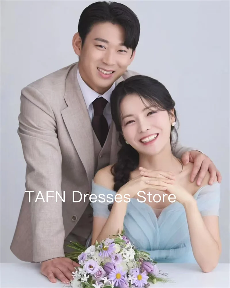 TAFN Elegant Light Blue Tulle Wedding Dresses Korea Photo shoot Sweetheart Corset Back Bride Gowns Evening Party Dress Customize 3