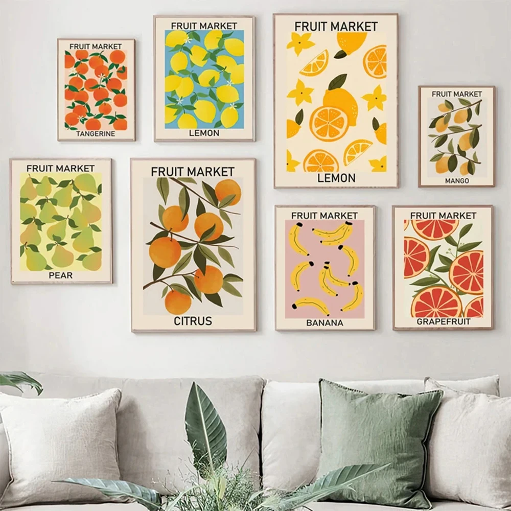 

Fruit Market Lemon Cherry Banana Pear Orange Vintage Poster Print Wall Art Canvas Painting Kitchen Decor Modern Mural Frameless
