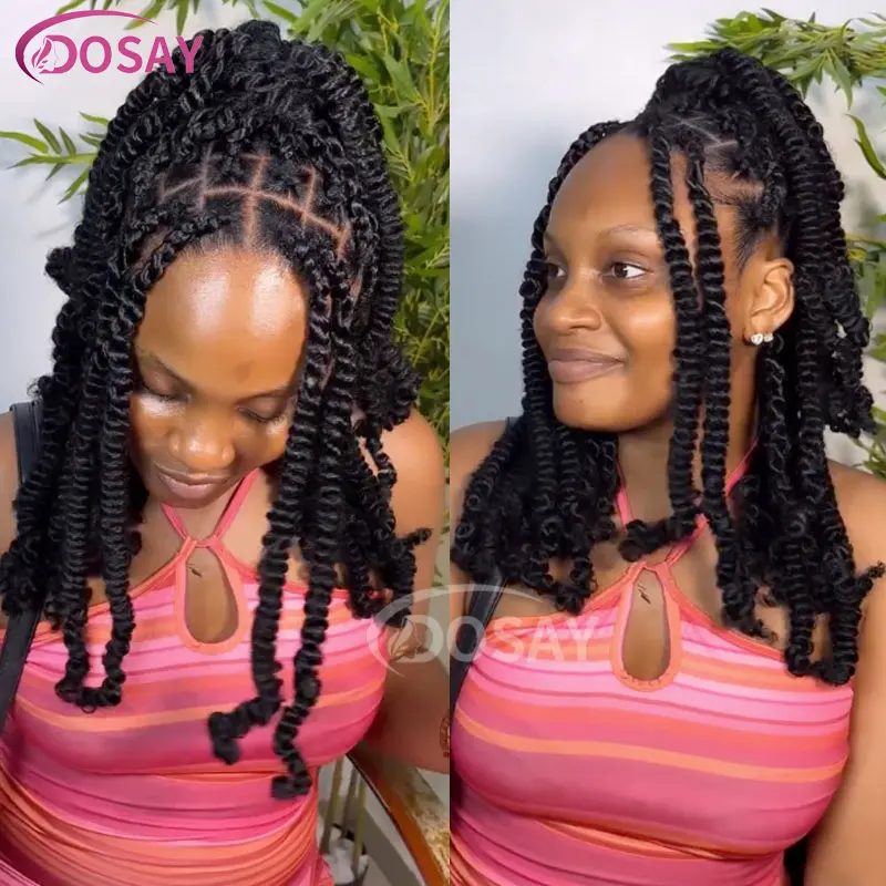 

360 Full Lace Afro Spring Twist Crochet Hair Braided Wigs For Black Women Spiral Curls Braiding Wig Short Bob 12" Box Braids Wig