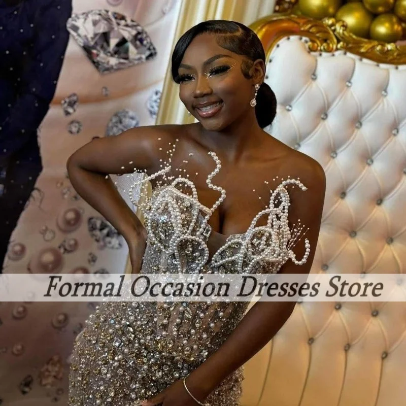 Women Prom Dresses Sparkly Sequin Beading Pearls Mermaid