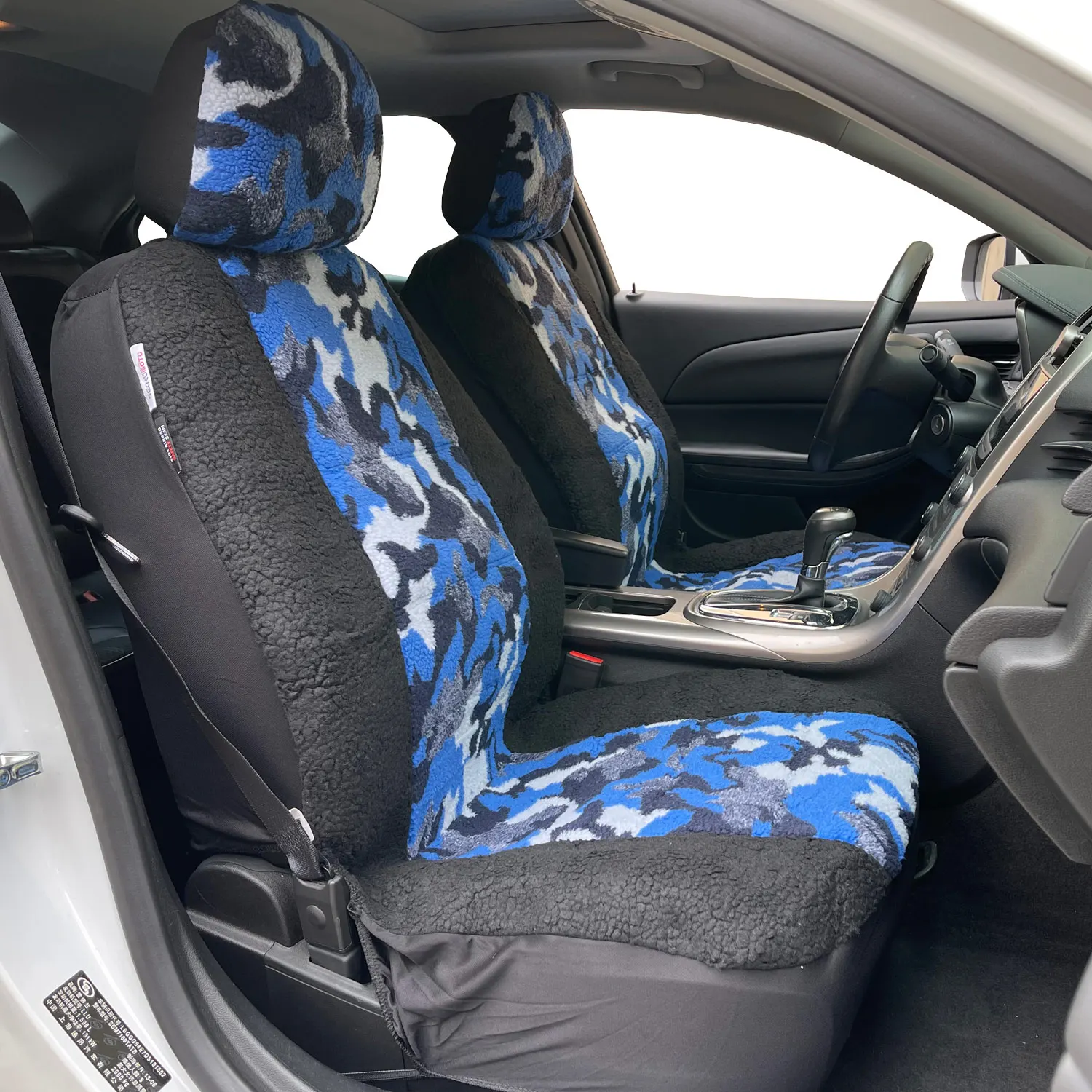 Faux Fur Car Seat Covers Front Set, Blue Camouflage Sheepskin Lambswool