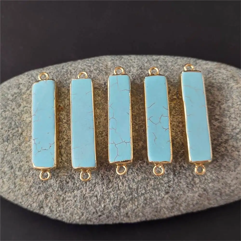FUWO Wholesale Rectangle White Stone Connector Pendant Golden Plated Double Bail Blue Howlite For Necklace Making PD008