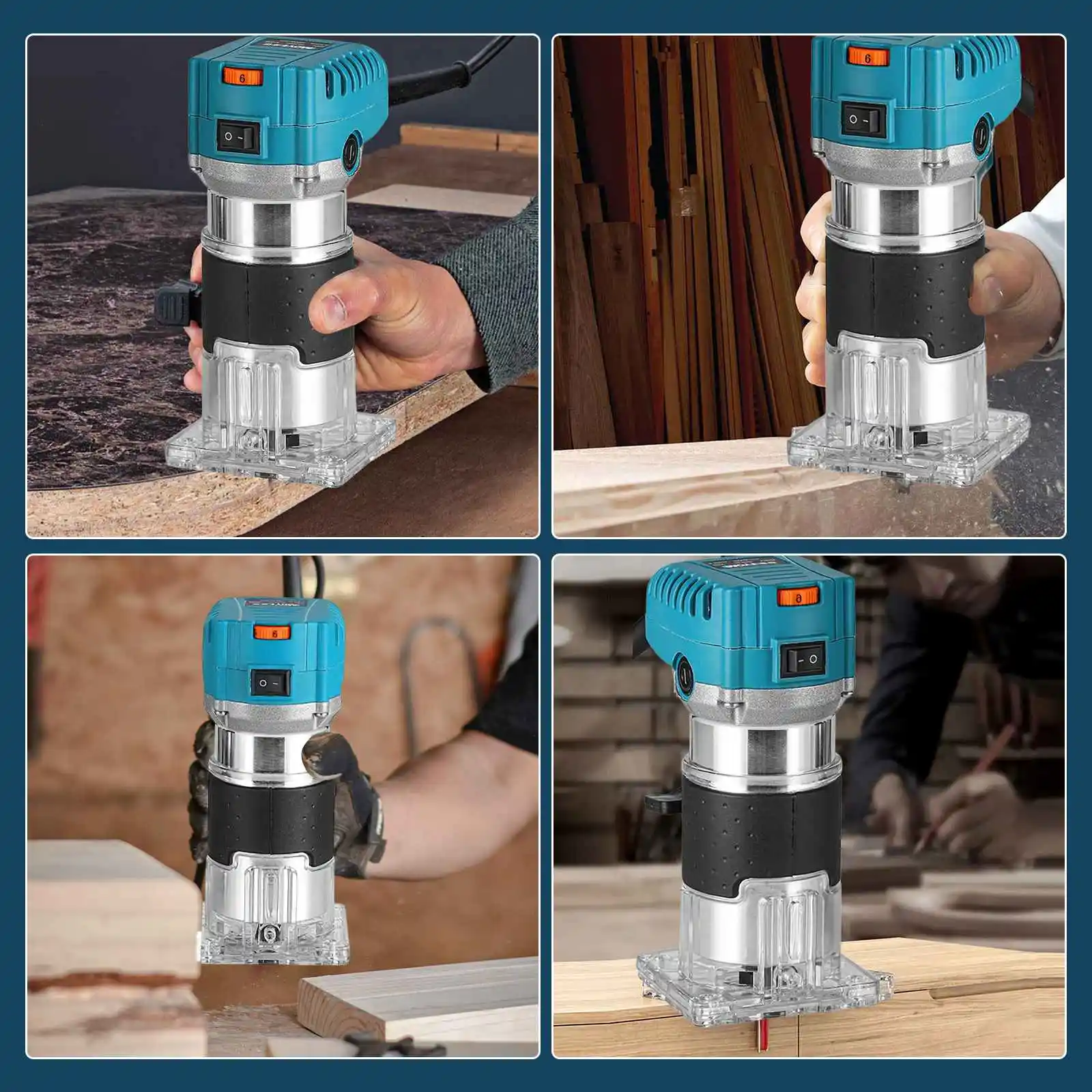 Elektrisk kanttrimmer visas med tillbehör på ett verkstadsbord