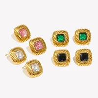 E.B.belle 2024 New Stainless Steel Small Square Texture Zircon Stone Stud Earrings Green Black Pink White Luxury Party Earring