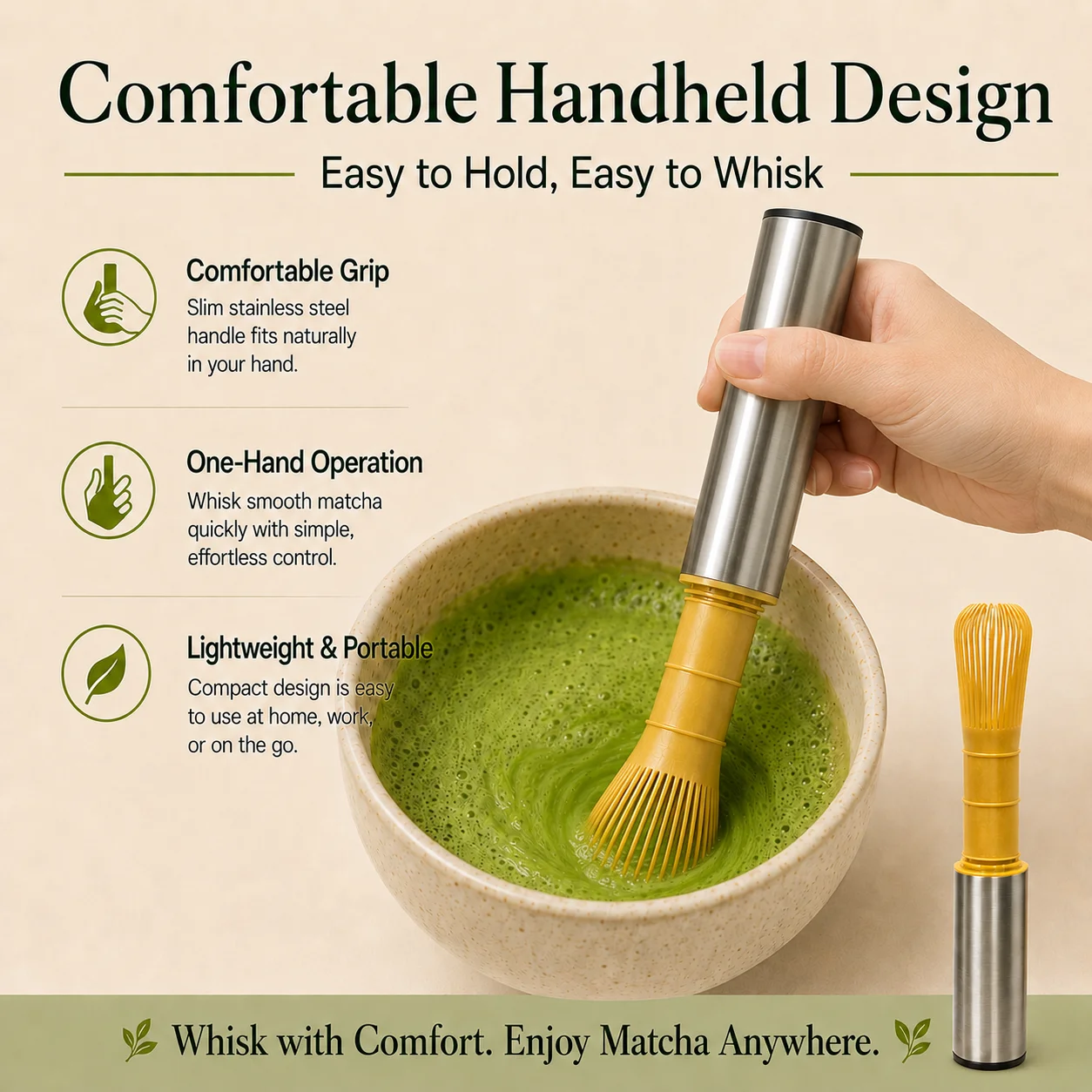 Portable USB Rechargeable Matcha Mixer with Bamboo-Style Whisk Head and Protective Storage Cover for Green Tea Preparation