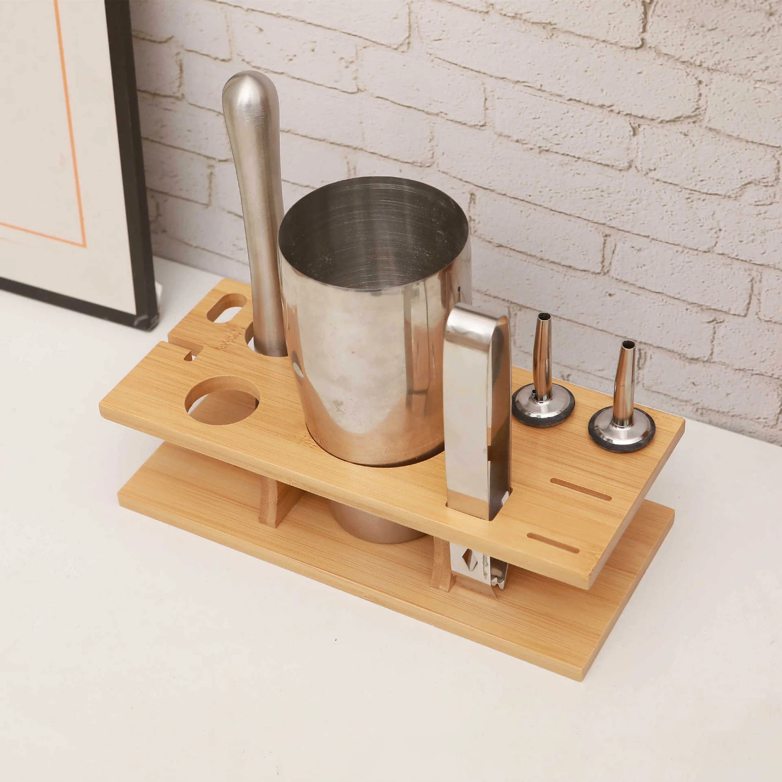 Cocktail Shaker Wooden Rack Bartender Rack Tabletop Gift Barware Drinkware Set for Kitchen Wedding