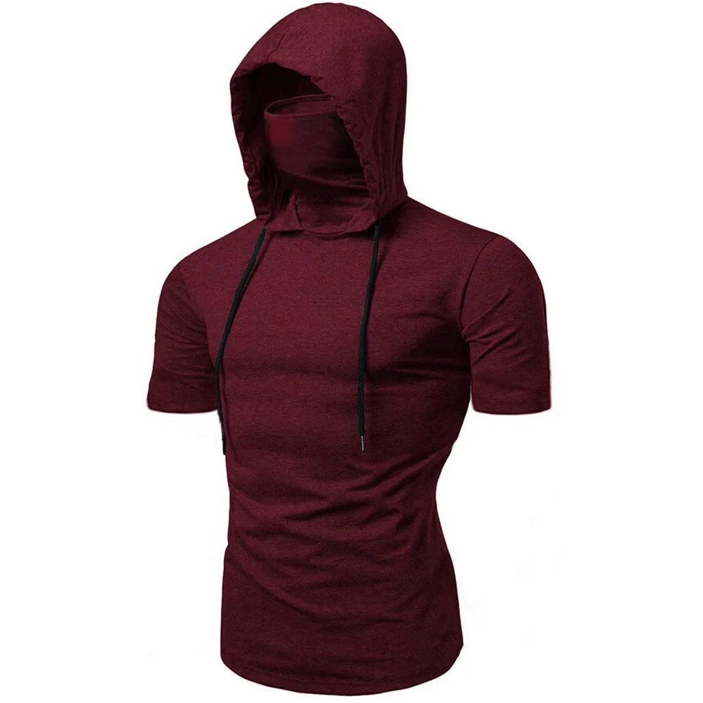 Men Gym Hoodie Short Sleeve with Mask Sweatshirt Hoodies Casual Splice Large Open-Forked Male Clothing Mask Button Sports Hooded